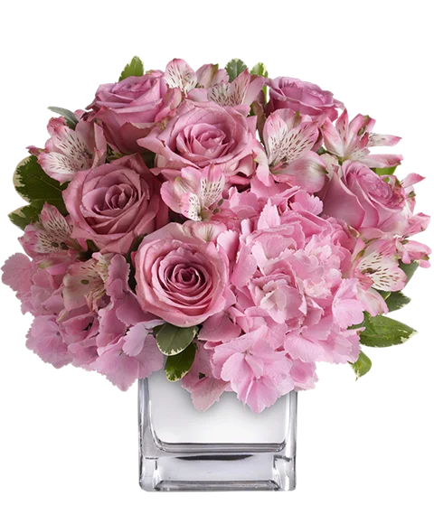 Composizione Rosa di Rose, Ortensie, Alstromerie