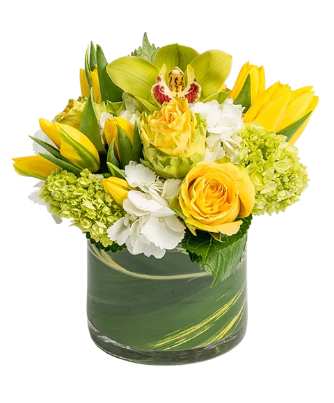 Composizione Compatta di Fiori Giallo e Bianco
