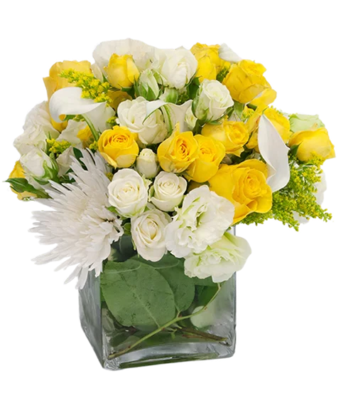 Composizione Gialla e Bianca di Lisianthus e Rose