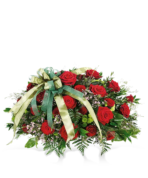 Cuscino Funebre Rose Rosse e Santini Verdi